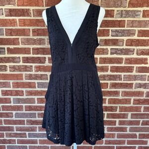 Free‎ People Black Floral Lace Whimsigoth Mini Dress Womens M Sleeveless Pockets